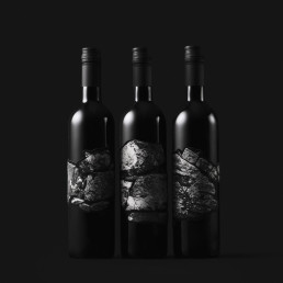 Three dark wine bottles with metallic AI-themed labels displayed against black background, showcasing SloAi brand identity de