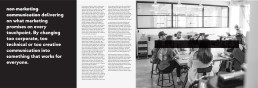 Black and white office scene with nmc team collaborating at desks, featuring bold white typography on dark background explain