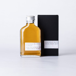 Visual Brain Gravity portfolio mockup showing amber glass bottle with silver cap and black packaging box for Everything Beaut
