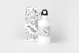 White water bottle with black doodle illustrations and 