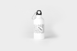 White water bottle mockup with black carabiner cap featuring decorative doodle pattern around 