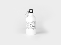 White water bottle mockup with black carabiner cap featuring decorative doodle pattern around 