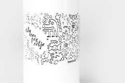 White cylindrical flask with black doodle-style illustrations featuring monsters, skulls, and playful characters, with 