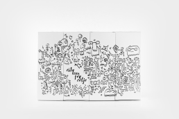 White packaging mockup for Citycenter featuring playful black doodle illustrations of monsters, characters and creatures surr