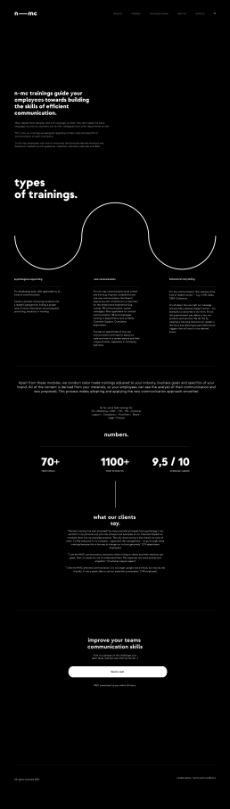 Black minimalist website design for nmc featuring white typography, curved graphic elements showcasing three types of communi