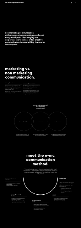 Dark website mockup for nmc showing non marketing communication methodology with white text, circular diagrams, and curved pr