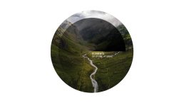 Circular logo mockup for Elements of Stone at Brac featuring aerial landscape photography of winding river through green Scot