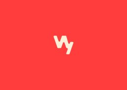 Wavy logo in cream lettering on bright red background, featuring stylized lowercase 'w' and 'y' characters in modern sans-ser