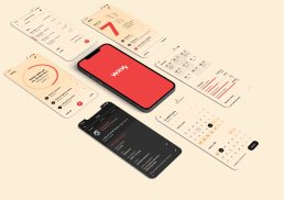 Mobile app mockup for Wavy showing multiple iPhone screens with red and cream colored interface design including calendar, pr