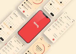 Wavy mobile app mockup showing red splash screen with white logo surrounded by cream-colored UI screens displaying calendar v