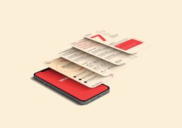Mobile app mockup for Wavy showing layered interface screens in red and cream colors with modern typography