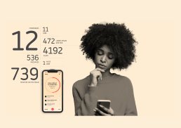 Wavy mobile app mockup showing user interface with red circular progress indicator, alongside woman with afro hair holding ph