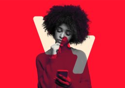 Wavy brand mockup showing woman with curly hair holding smartphone in thoughtful pose, red and cream color palette with geome