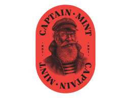 Red oval logo for Captain Mint featuring vintage-style illustration of bearded sea captain in black ink, with 