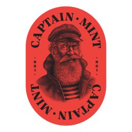 Red oval logo for Captain Mint featuring vintage-style illustration of bearded sea captain in black ink, with 