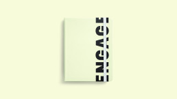 Logo design for Elevate showing black typography on cream background with vertical text layout and elastic band binding