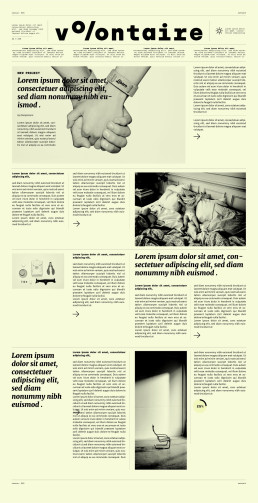 Volontaire magazine layout design featuring cream background, black typography, vintage-style photography and minimalist geom
