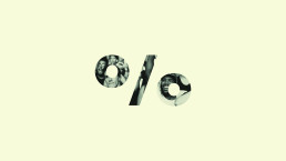 Logo design featuring black and white photographs of people integrated into the letters of a percent symbol on cream backgrou