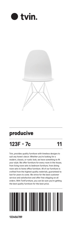 Tvin furniture brand logo and white modern chair with wire base legs, minimalist product catalog page design with barcode