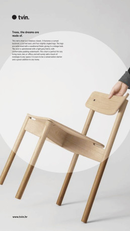 tvin logo and wooden chair product advertisement featuring minimalist design with natural wood finish and clean typography