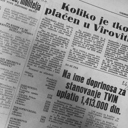 Newspaper page showing TVIN coverage with Serbian text headlines about salaries and business news in black and white print la