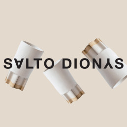 Logo for Salto Dionys featuring bold black typography overlaid on three white and gold cylindrical cosmetic tubes floating ag