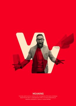Wavy logo with excited bearded man in glasses and blazer on red background, modern design with geometric shapes