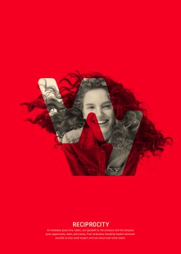 Wavy brand poster featuring red background with black and white photo of smiling woman with curly hair, promoting reciprocity