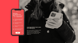 Wavy mobile app mockup showing red interface with white text in Croatian, displayed on smartphone against black and white pho