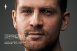 Close-up portrait of man with beard and intense gaze for European Actors Management talent agency, featuring professional hea