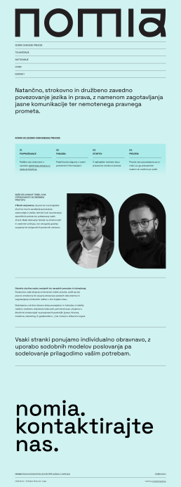 Nomia logo and website mockup in Slovenian, featuring mint green background with black typography, navigation menu, team phot