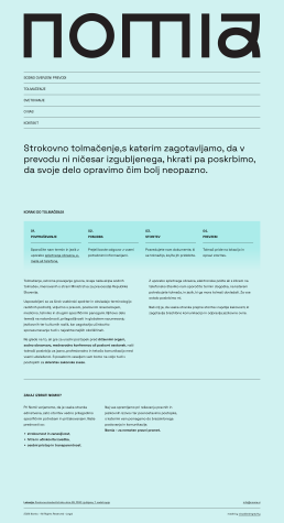 Nomia logo and website mockup in Slovenian, featuring mint green background with dark text and professional translation servi