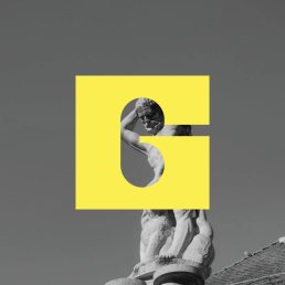 Yellow square logo with letter 