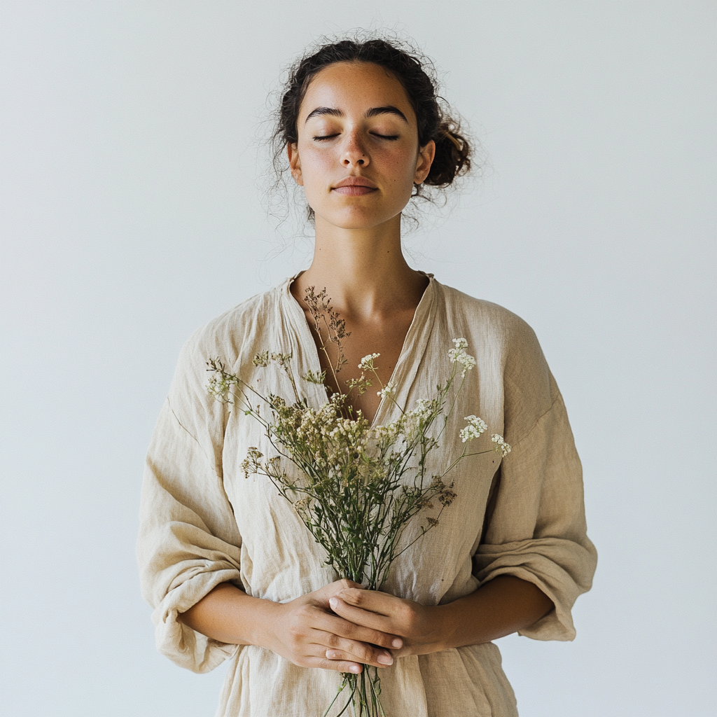 ella_1 2 Woman in beige linen dress holding delicate white wildflowers with eyes closed in serene portrait against neutral background