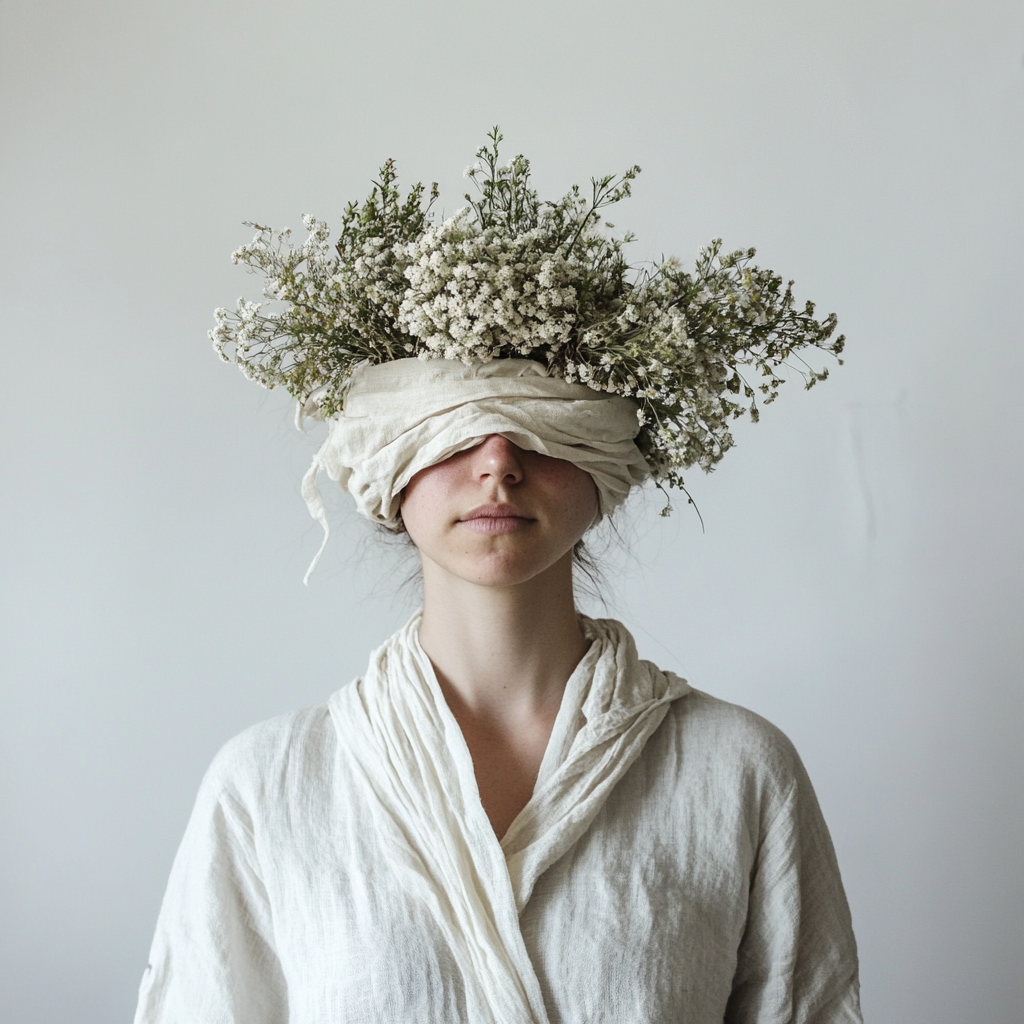 ella_2 3 Person wearing white linen shirt with white fabric wrapped around eyes, topped with wild white flowers and greenery against g