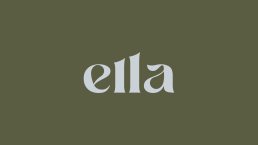 Logo for Ella in white serif typography on olive green background