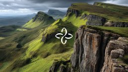 Madden logo overlaid on dramatic Scottish Highland landscape with green rolling hills, rocky cliffs and stormy skies
