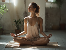 Mediora wellness brand meditation scene with woman in lotus pose on yoga mat, surrounded by illustrated lotus flower petals i