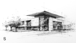 Architectural sketch of modern two-story building with flat roof, large windows, and landscaping for Skuptura in black ink li