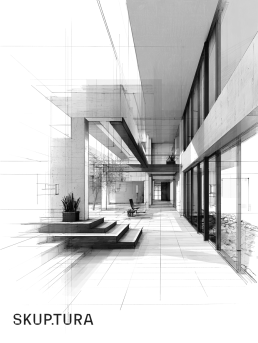 Black and white architectural sketch showing modern minimalist interior with concrete walls, geometric stairs, and glass pane