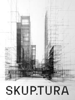 Architectural sketch showing urban street perspective with tall buildings in black and white line drawing style, Skuptura log