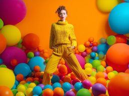 Young woman in bright yellow knit sweater and pleated pants standing among colorful balloons in vibrant orange setting